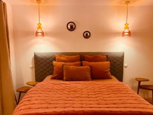 圣雷米普罗旺斯M&S - Maison FÉRAUD的一间卧室配有带橙色床单和灯的床铺