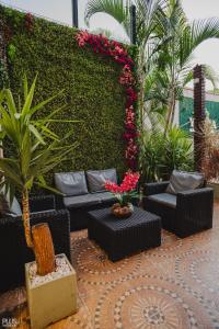 伊瓜苏港伊弗拉卡塔拉塔斯酒店的庭院配有黑色家具和植物花卉