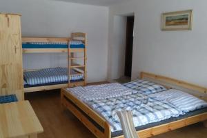 SněžnéChalupa na Vysočině的一间卧室设有两张双层床和一张桌子
