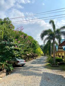 象岛Baanrimklong bungalow的棕榈树的砾石路上停泊的汽车