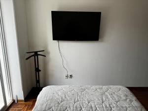 拉巴斯Dormitorio en San Miguel的卧室配有一张床和壁挂式平面电视。