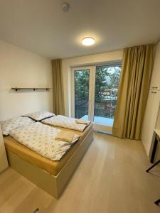 布尔诺Garden apartment Brno center的一间卧室设有一张床和一个大窗户