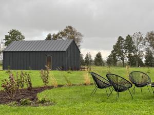 SaraiķiViesuli Village Villa的田野上的三把椅子,有黑色谷仓