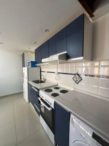乌斯怀亚Viento del Sur的厨房配有蓝色橱柜和炉灶烤箱。