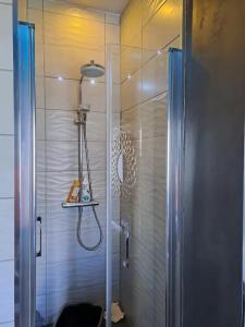 布尔日Chambre bleue avec accès plage的带淋浴的浴室和玻璃门
