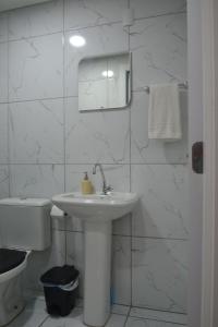 佩洛塔斯Refúgio em Pelotas Com NF-E的白色的浴室设有水槽和卫生间。