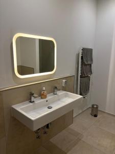 汉堡Luxusapartment Hamburg Hafencity的浴室设有白色水槽和镜子