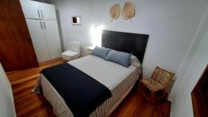 里奥夸尔托La Querencia Apart RC的一间卧室配有一张带蓝色枕头的床和一把椅子