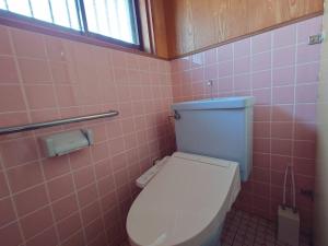 指宿市39guest house的浴室设有卫生间,位于粉红色的瓷砖墙内