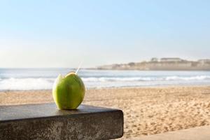 里约热内卢里约热内卢科帕卡巴纳希尔顿酒店的海滩上的一个树荫下的一个绿苹果