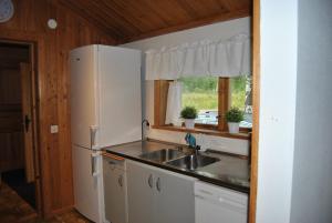 奥萨Orsastuguthyrning-Höglunda的厨房配有水槽、冰箱和窗户。