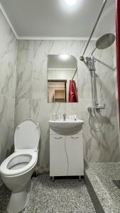 科克舍套Отель KOKSHETAU的浴室配有卫生间、盥洗盆和淋浴。