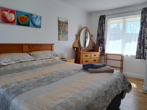 纳尔逊Golden Hills Farm Cottage的一间卧室配有一张床、镜子和窗户