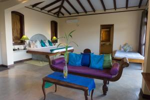 康提Shenandoah Kandy的客厅配有紫色沙发和两张床