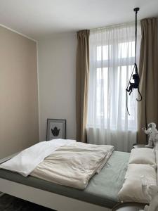 阿尔滕堡Moderne und stilvolle Wohnung direkt am Teich的一间卧室配有床和白色窗帘的窗户