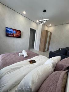 阿斯塔纳Уютная квартира в городе Астана, возле Барыс арена的卧室配有一张大床,墙上配有电视