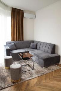 奥拉迪亚6 DOC Dream Apartment 6 +Parcare的客厅配有灰色的沙发和桌子