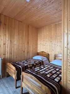 卡兹贝吉Family Hostel Nika的木墙客房的两张床