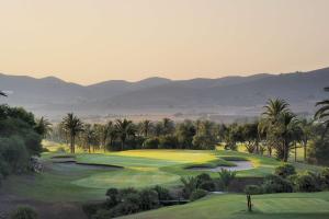 拉曼加戴尔马尔梅纳Grand Hyatt La Manga Club Golf & Spa的一座种植了棕榈树和绿色植物的高尔夫球场