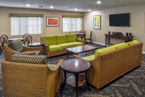 基西米Hilton Vacation Club Polynesian Isles Kissimmee的带沙发和椅子以及电视的等候室