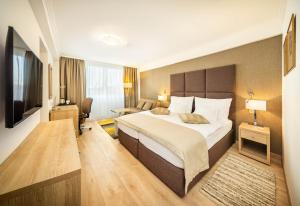 布拉迪斯拉发阿波罗布拉迪斯拉发大酒店的酒店客房设有一张大床和一张沙发。