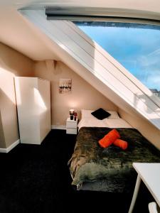 诺丁汉Burns Street - Stay Sleep Rest的一间卧室配有一张带橙色枕头的床