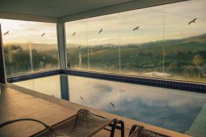 卡皮托利乌Escarpas resort的一间设有大窗户的房间,鸟儿飞翔在天空中