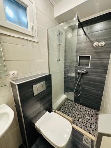 卡利塞亚-豪客迪克斯Afrodite Seaside Rooms的带淋浴、卫生间和盥洗盆的浴室