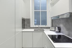 伦敦Green Street Residences by Q Apartments的白色的厨房设有水槽和窗户