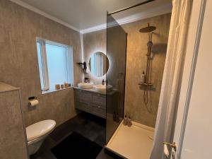 GardurGarður Apartments的浴室配有卫生间、盥洗盆和淋浴。