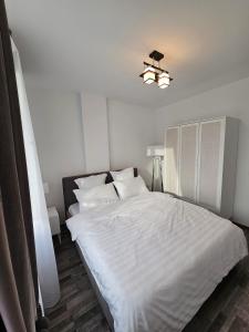 巴亚马雷Maria's Premium Suite的卧室配有一张带白色床单和枕头的大床。