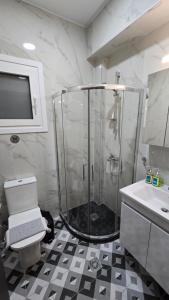 卡泰里尼Alfa- Central Luxury Condo的带淋浴、卫生间和盥洗盆的浴室
