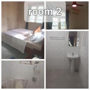 莫希B&B HOTEL的一张床铺和一个水槽的房间照片的拼合