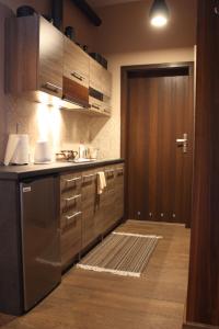 什切青因特格罗公寓的厨房配有水槽、冰箱和门