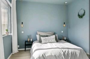 桑讷菲尤尔Modern house near the ocean的一间拥有蓝色墙壁和一张大床的卧室