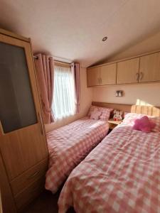 Lytchett MinsterSea Shore Chalet - Rockley Park的一间卧室配有两张床和一台平面电视