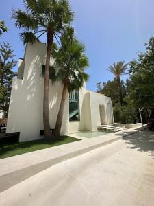 圣埃乌拉利亚Preciosa Villa en Siesta的前面有棕榈树的房子