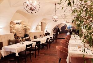 萨莫博尔Hotel Livadić的用餐室配有桌椅和吊灯。