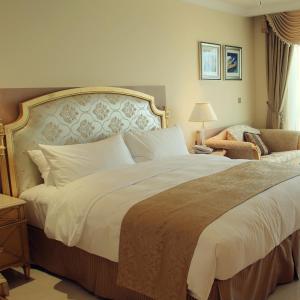 开罗Duplex by Aqua Maadi Degla Group 5 stars的一间卧室配有一张大床和一把椅子
