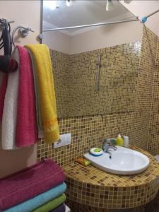 伊尔平Шикарная 2к квартира Центральный парк Университет 70м的浴室设有水槽和彩色毛巾。