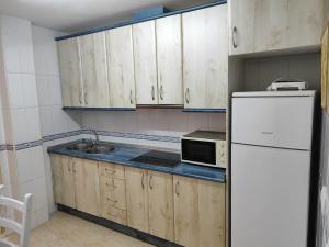 MembrillaSan Miguel的厨房配有木制橱柜和白色冰箱。
