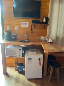 乌鲁比西Pousada rio canoas的厨房配有带水槽和微波炉的桌子