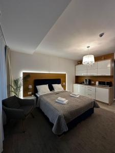 科沃布热格NCM Apartments Seaside Park的一间卧室配有一张床和一把椅子,一间厨房