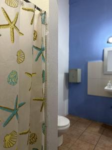 巴希利托Wide Mouth Frog Conchal的浴室设有带淋浴帘的贝壳和卫生间。