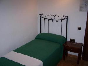 皮萨拉Hostal Adrian的一间小卧室,配有一张绿色的床和一张桌子