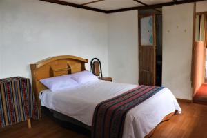 HuillanopampaINKA LAKE Taquile Lodge的一间卧室配有一张大床和木制床头板