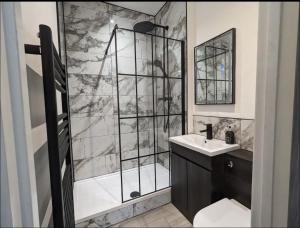 BedlingtonMood Apartment 4的带淋浴、卫生间和盥洗盆的浴室