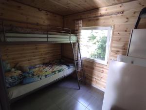杰泽扎尼Domki nad morzem i jeziorem的小木屋内一间卧室配有双层床