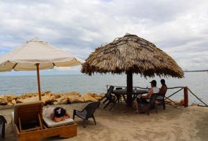 科韦尼亚斯Hotel Costa Mar Coveñas的一群人坐在海滩上的伞下