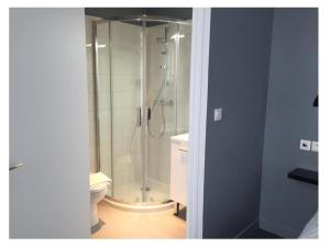 格朗维尔奥布特杜夸伊酒店的带淋浴和卫生间的浴室